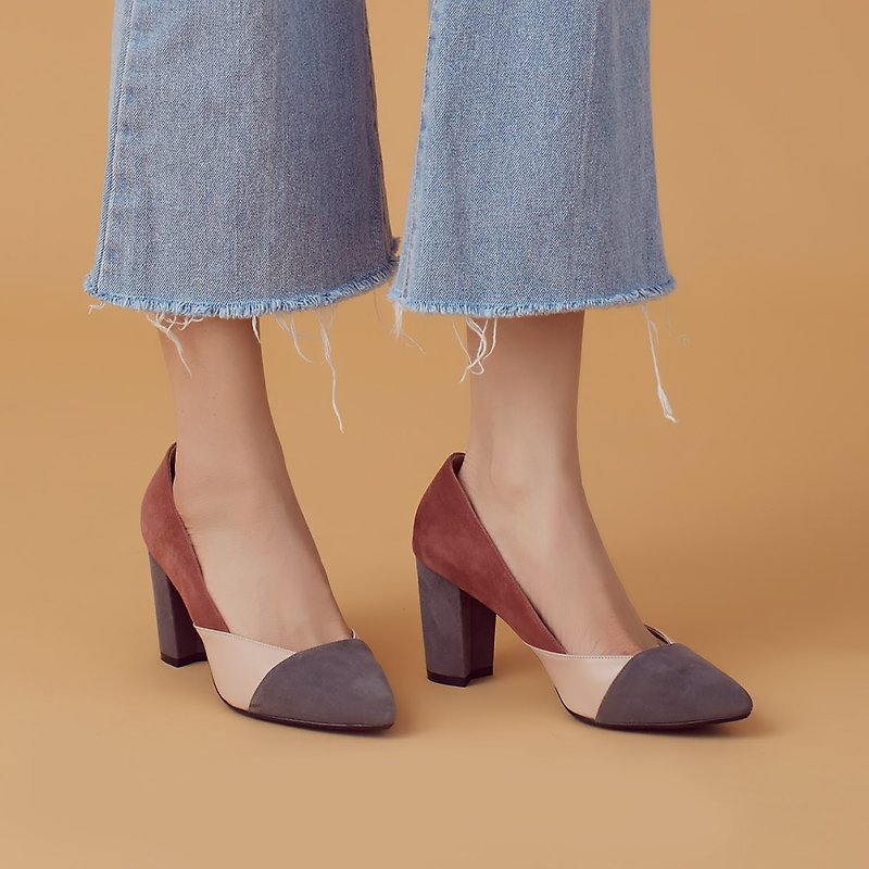 Elastic low-noise heel! Color block nappa leather chunky heel shoes Paris gray nude pink full leather - รองเท้าส้นสูง - หนังแท้ สึชมพู