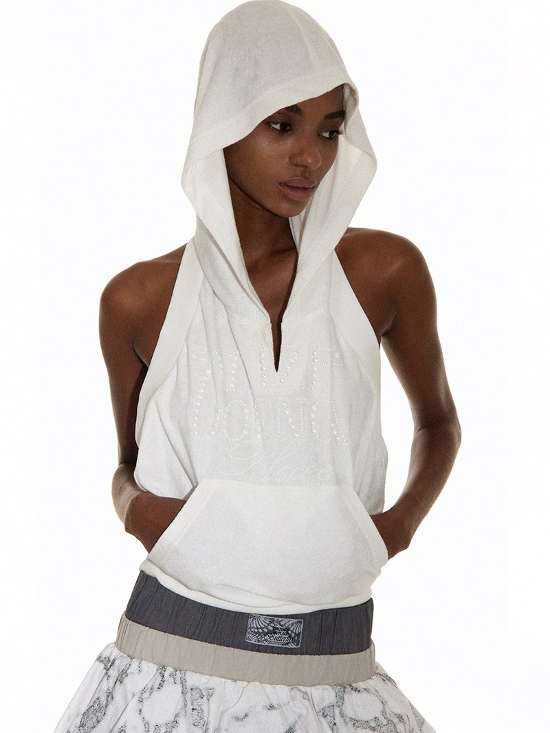 Pearl Hooded Vest Moon Pearl Texture Pearl Hooded Vest Top - Women's Vests - Other Materials White