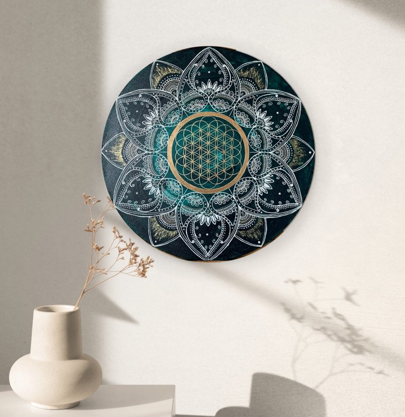 Emerald mandala Flower of Life Sacred geometry painting Yoga studio wall art - Wall Décor - Acrylic Green