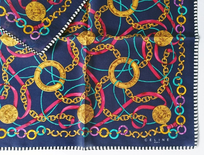 Celine Paris 古著手帕 - 鎖鏈與吊飾圖案 19 x 18 英吋 - 絲巾 - 棉．麻 藍色