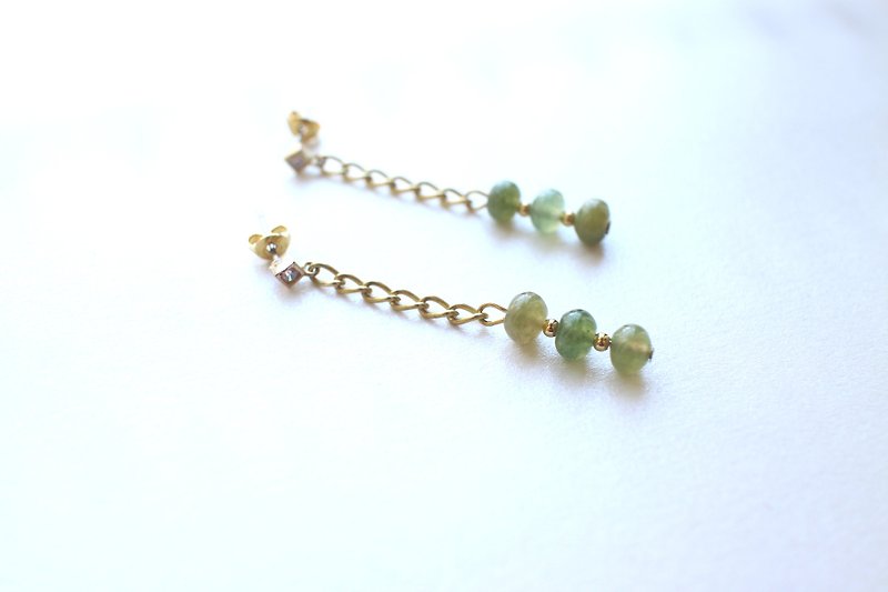 Kyoto-Zircon brass handmade earrings - Earrings & Clip-ons - Copper & Brass Green