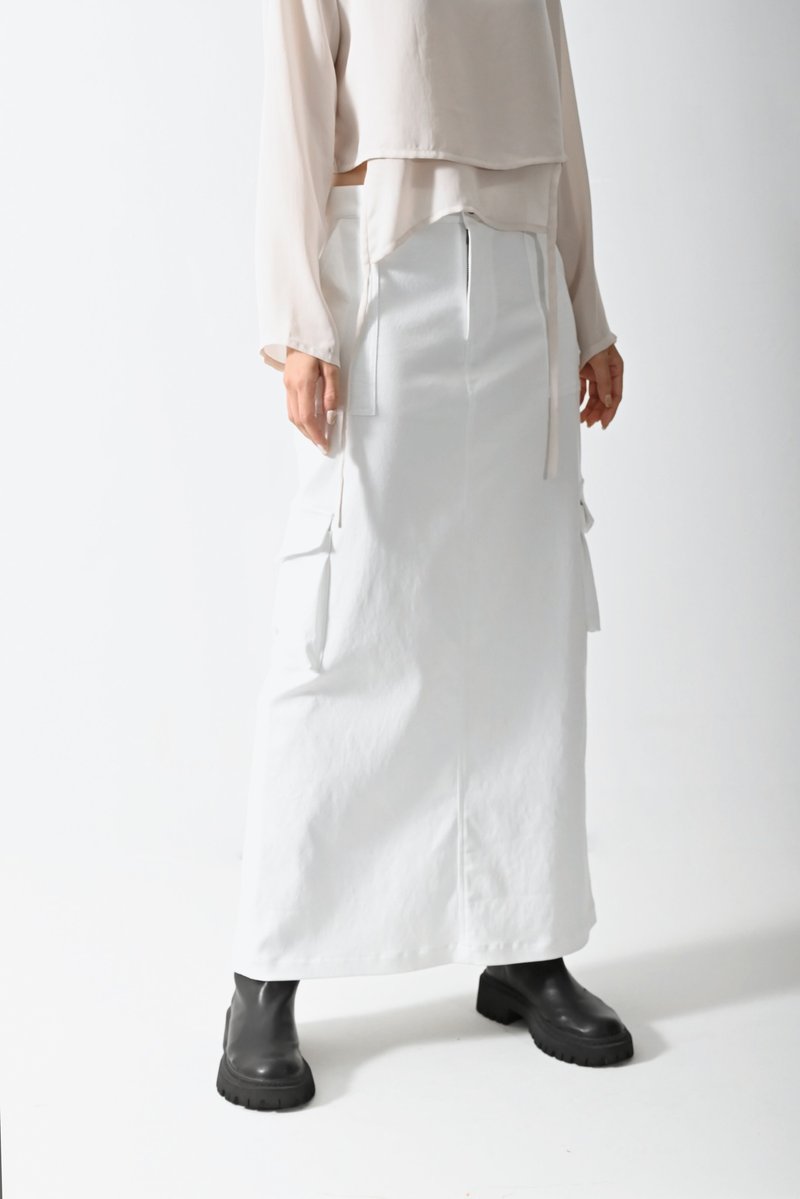 Shan Yong 白色工裝造型丹寧休閒長裙 - 裙子/長裙 - 棉．麻 