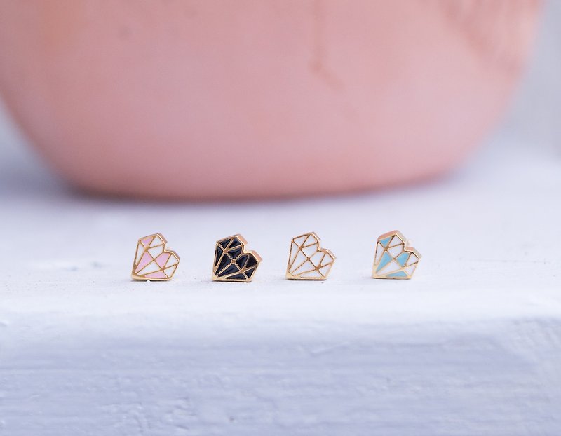 Geometric love diamond three-dimensional earrings - ต่างหู - วัตถุเคลือบ สีดำ