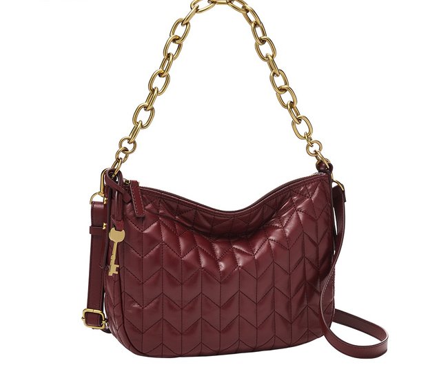 FOSSIL Jolie Quilted Leather Crescent Crossbody Bag - Burgundy Red