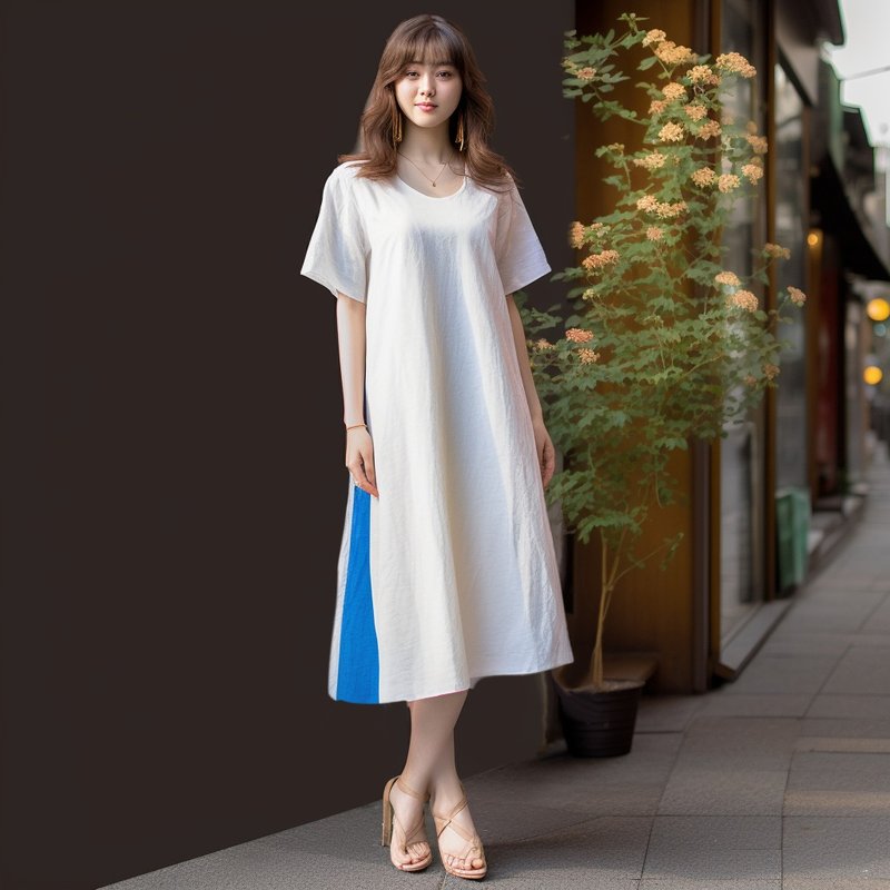 Linen White Gradation Sky Blue Side Tuck One Piece AP15 - ชุดเดรส - ผ้าฝ้าย/ผ้าลินิน ขาว