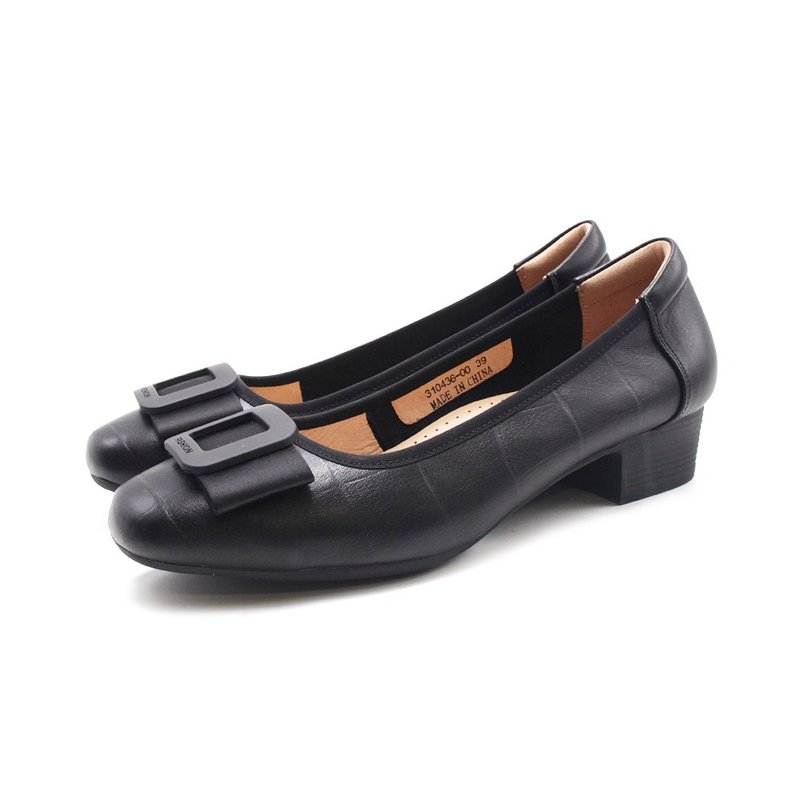 W&M (Women) Square Toe Foggy Buckle Low Heel Women's Shoes-Black - รองเท้าส้นสูง - หนังแท้ 