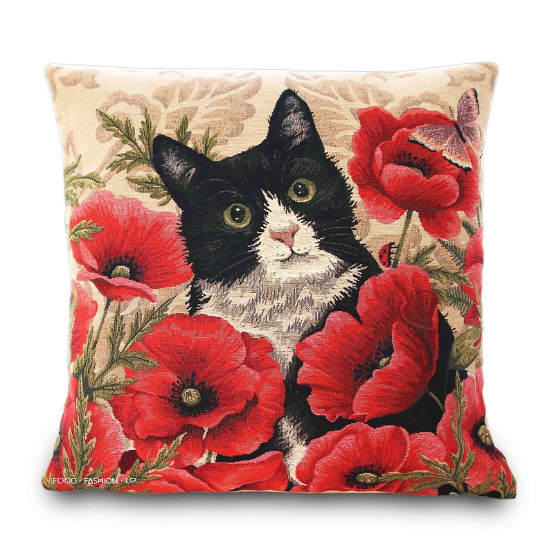 歐洲皇家緹花抱枕_在花園玩耍的黑白猫_限量1個 新年禮物 - 枕頭/咕𠱸 - 棉．麻 
