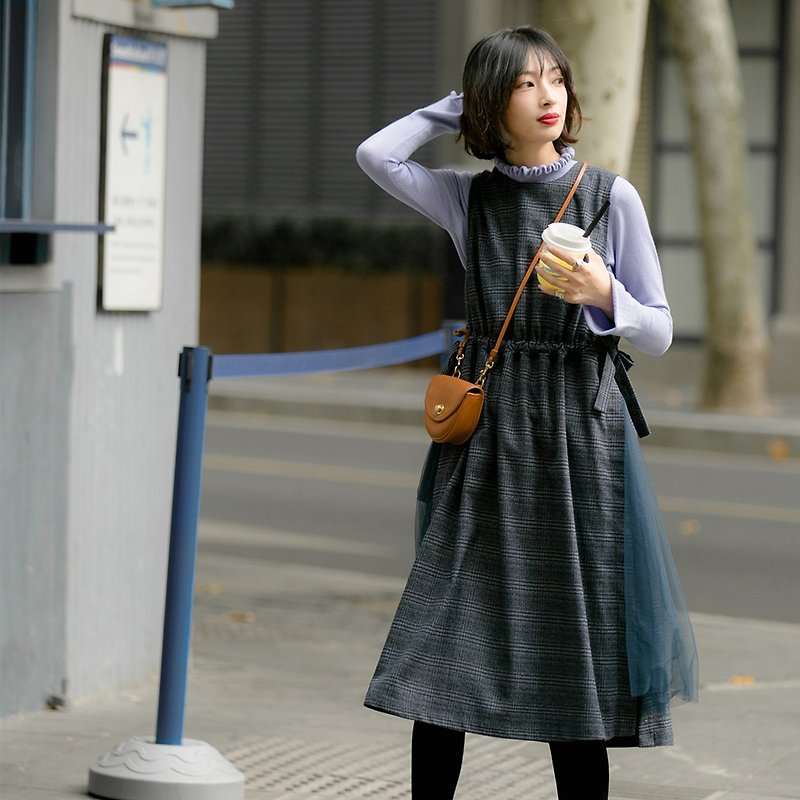 Plaid plaid dress | dress | winter | polyester fiber | Sora-388 - One Piece Dresses - Polyester 