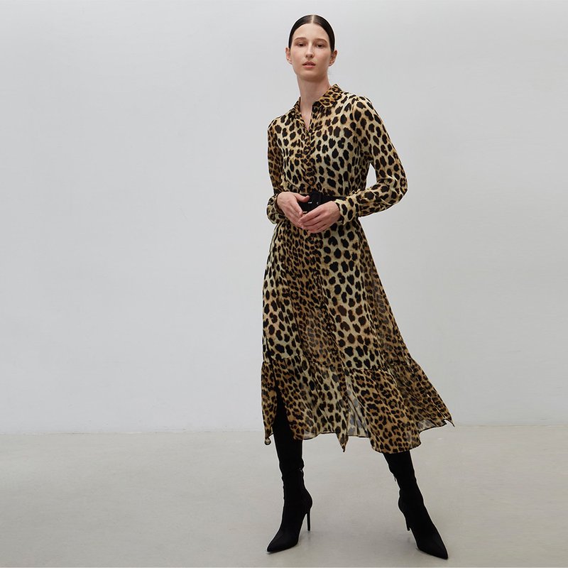 豹紋長袖抽皺長洋裝│Who Cares 台灣服飾品牌 - 洋裝/連身裙 - 棉．麻 咖啡色