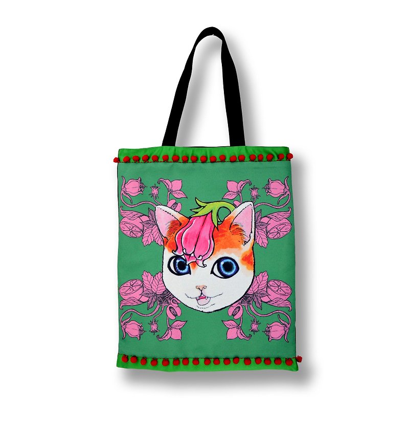 GOOKASO 雙面購物袋 TOTE BAG 綠色 紫草貓咪 棉麻印花圖案 背面日本和服織錦綢緞 綴彩色小球花邊 - 其他 - 棉．麻 綠色