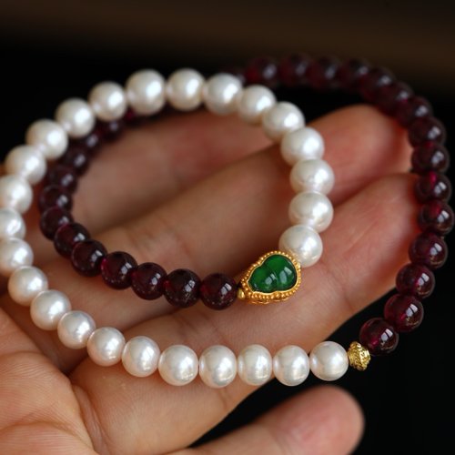 Angel's tears 天使之淚 Jewelry Design 6mm天然原礦石榴石 18K金/純銀鑲嵌天然翡翠葫蘆 設計雙圈手串s