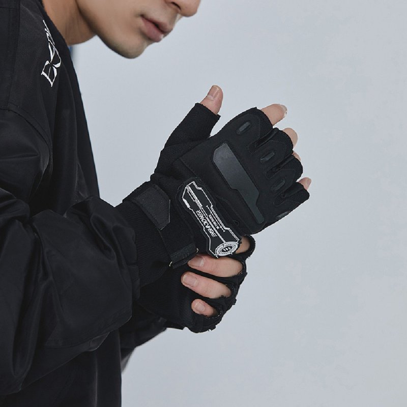 Adjustable Tactical Gloves Half Finger Gloves Outdoor Sports Non-slip Wrist Brace Breathable Motorcycle Gloves - ถุงมือ - ผ้าฝ้าย/ผ้าลินิน สีดำ