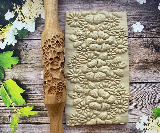 Embossed Wooden Rolling Pin With Design Plants And Flowers - Temu