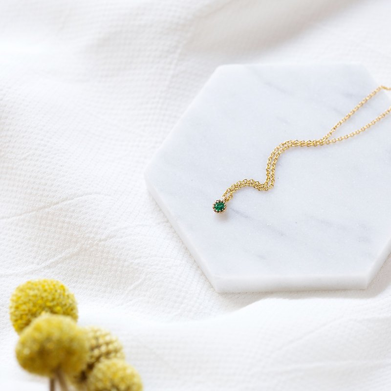 [Small Round Diamond Series] Small Round Diamond 14K Gold Necklace-Emerald Green - Necklaces - Gemstone Green