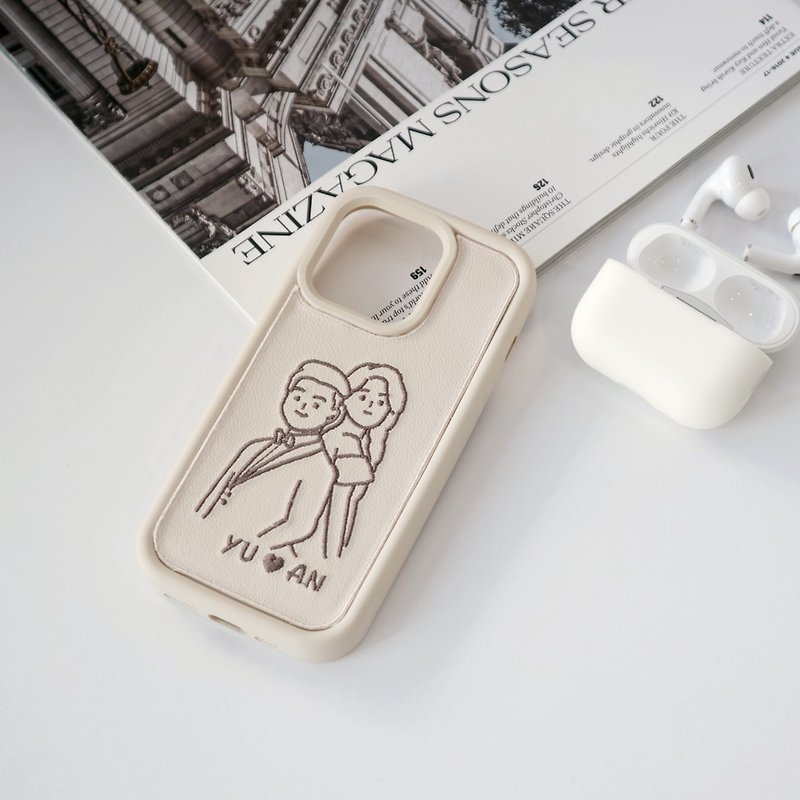 INS スタイルの手描き刺繍携帯電話ケース/誕生日カップル用にカスタマイズ - Tシャツ - コットン・麻 ホワイト