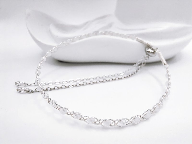 Braided | Moonstone, Silver Color, Wire Braid, Adjustable Bracelet - สร้อยข้อมือ - คริสตัล ขาว