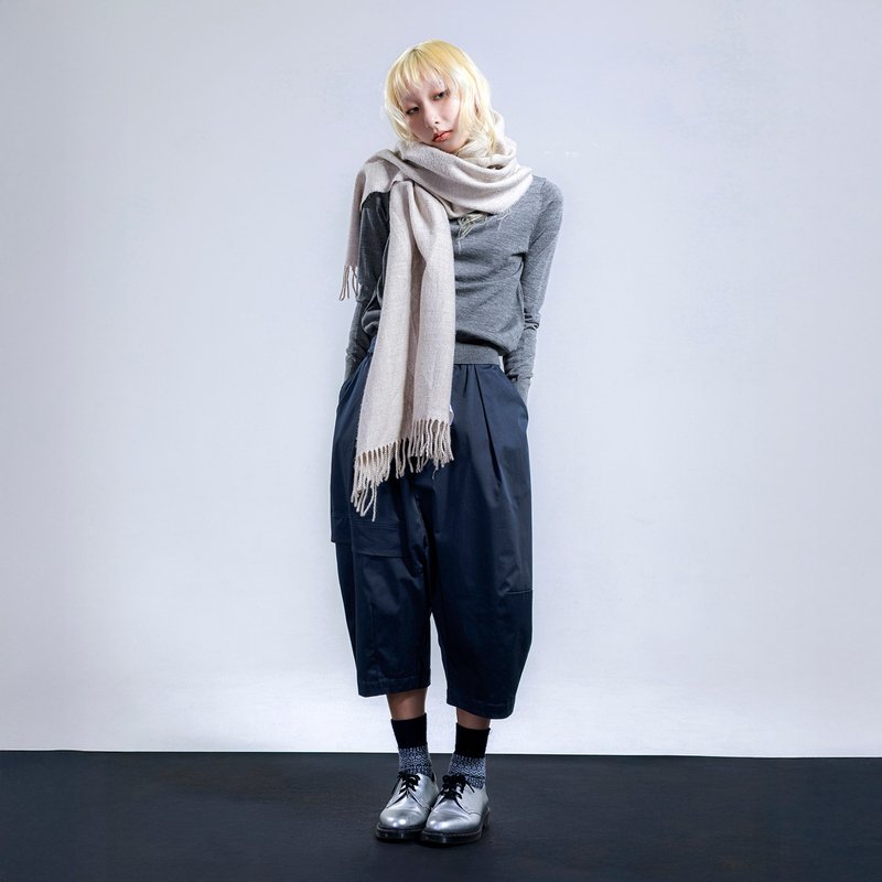 不對稱立體打褶廓型褲 - 女長褲 - 其他材質 藍色