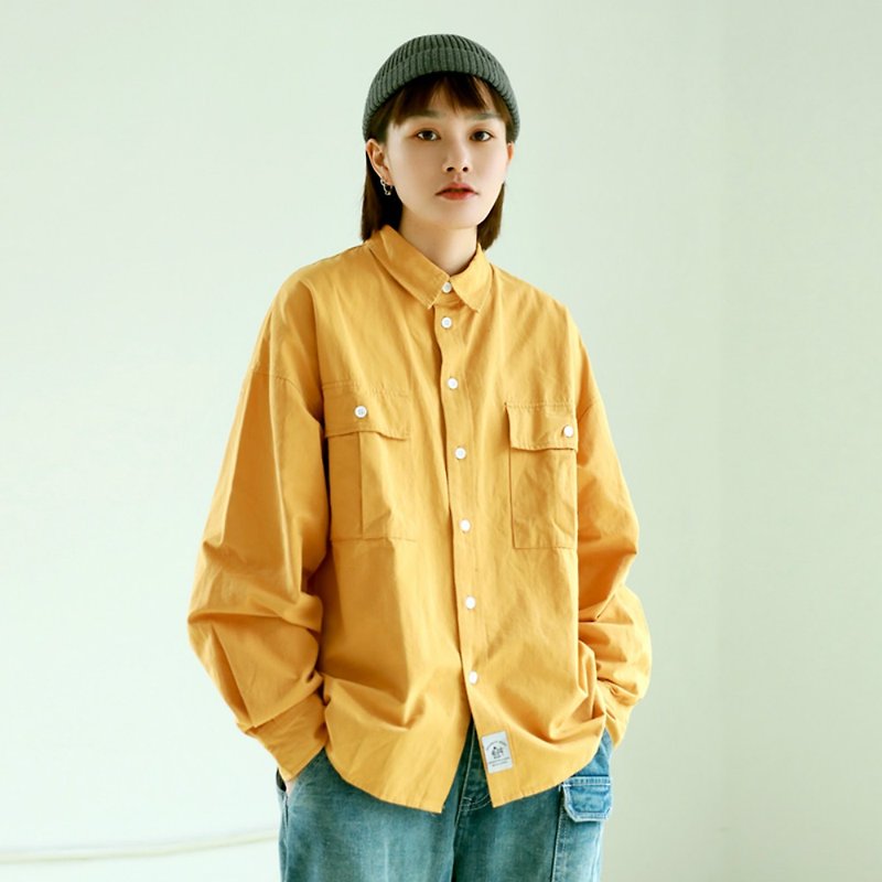 Yellow custom high-density cotton tooling version loose neutral casual shirt large pocket plain long sleeve shirt - เสื้อเชิ้ตผู้หญิง - ผ้าฝ้าย/ผ้าลินิน สีเหลือง