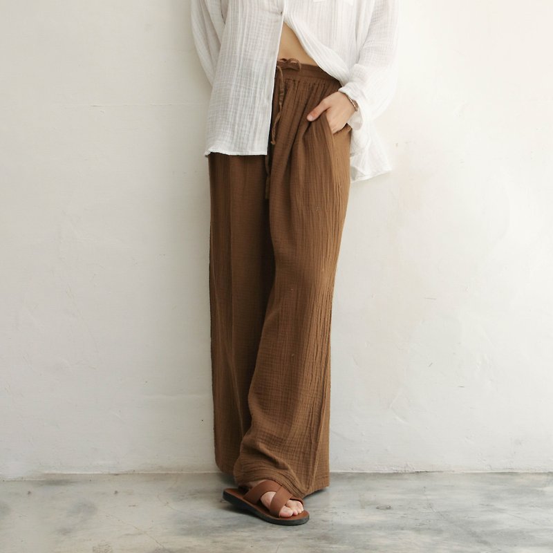 Double layer yarn drawstring straight wide pants brown - กางเกงขายาว - ผ้าฝ้าย/ผ้าลินิน สีนำ้ตาล