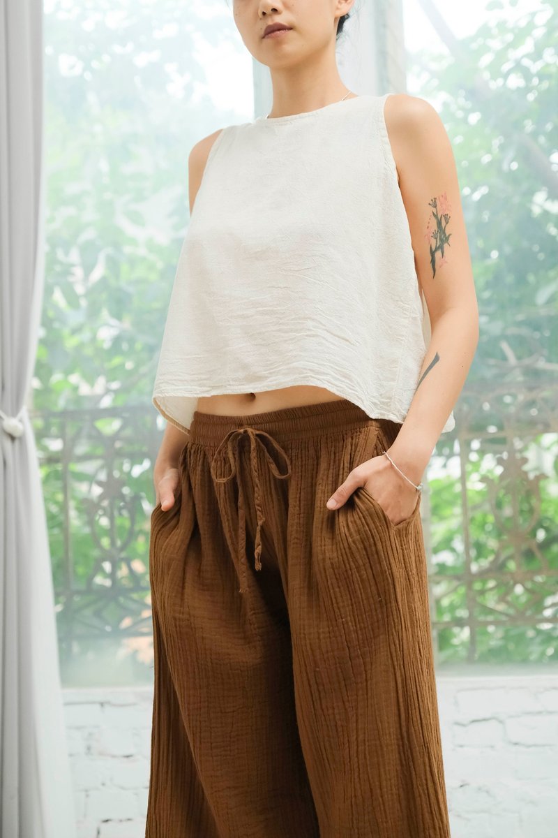 抽繩直筒寬褲 / 雙層紗 褐色 - 女長褲 - 棉．麻 咖啡色