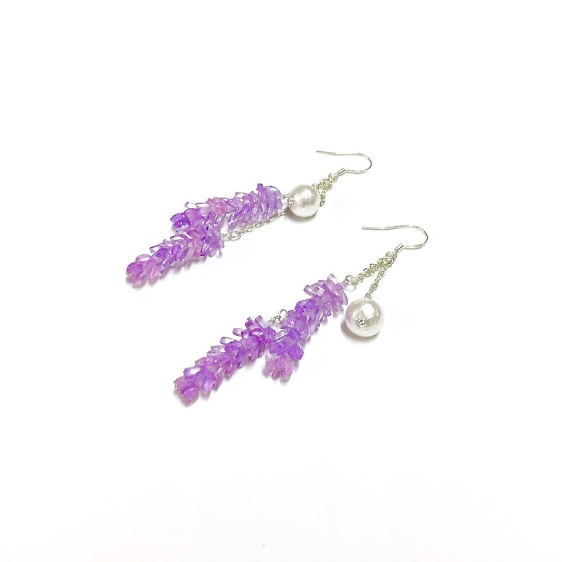 【Miniature Flower House】Lavender I. Lavender. Cotton pearls. Handmade resin earrings - ต่างหู - วัสดุอื่นๆ สีม่วง