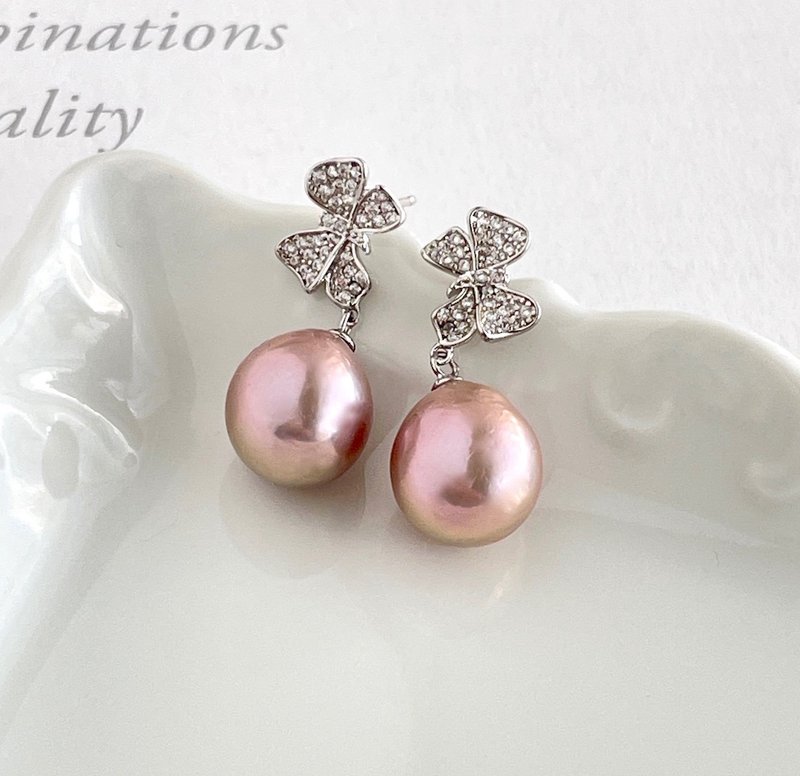 Large freshwater pearls, mauve color, Edison pearl, ribbon earrings, silver 925 - ต่างหู - ไข่มุก สึชมพู