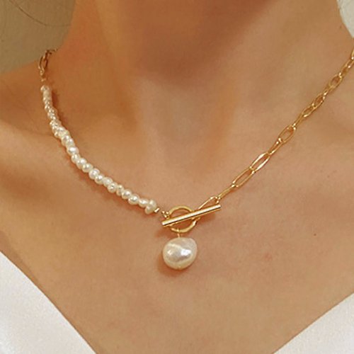 CRéAM 【CReAM】預購-Erica天然淡水珍珠迴紋針珍珠項鍊鍍18K金色女項鍊