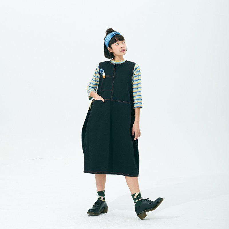 BLACK SOFT VEST DRESS + BULE ORANGE STRIPE RELAXED COTTON DRESS - ชุดเดรส - ผ้าฝ้าย/ผ้าลินิน หลากหลายสี