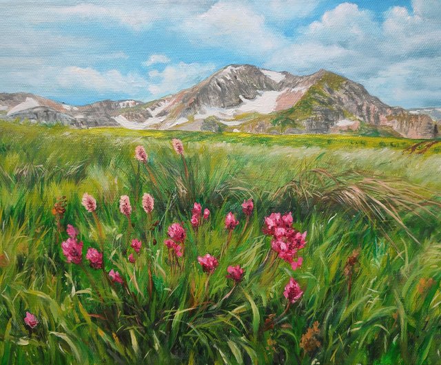 風景画 花と風景 花卉植物 山の風景画、手描きのアート、花の絵 - ショップ