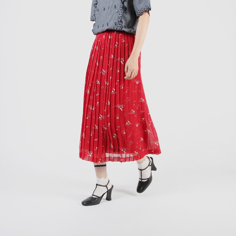 Egg plant vintage] summer sailing print pleated ancient dress - Skirts - Polyester Red