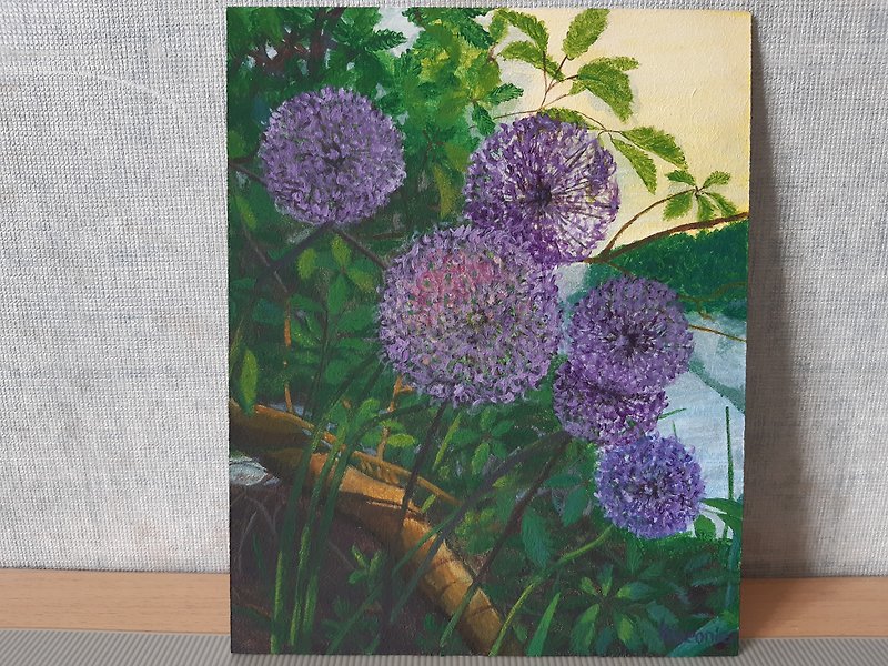 川沿いの紫、青のタンポポ、アクリル絵の具 - ポスター・絵 - 木製 パープル