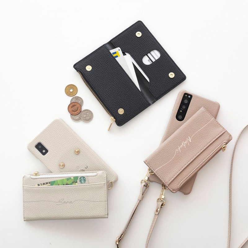 Compatible with many models, rotatable, round smartphone case [Large multi-pouch, name engraved] Smartphone shoulder, card case, coin case, wallet, dull color BE09U - Phone Cases - Genuine Leather Black