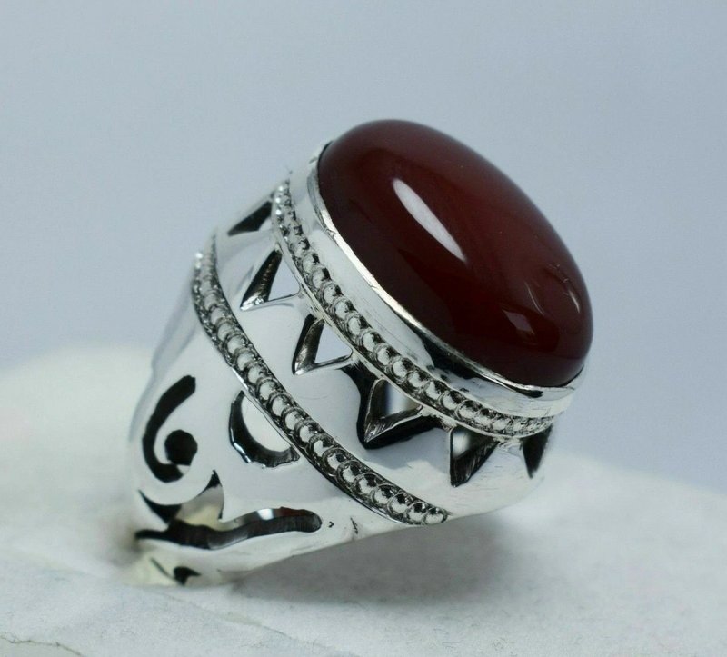 Brown Red Yemeni Aqeeq Ring Agate Akik Aqiq Sterling Silver Mens Rings Jewelry - 戒指 - 寶石 紅色
