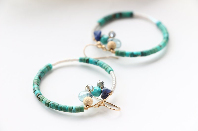 14 kgf turquoise and bijou hoop pierced earrings / clip-on - ต่างหู - เครื่องเพชรพลอย สีน้ำเงิน