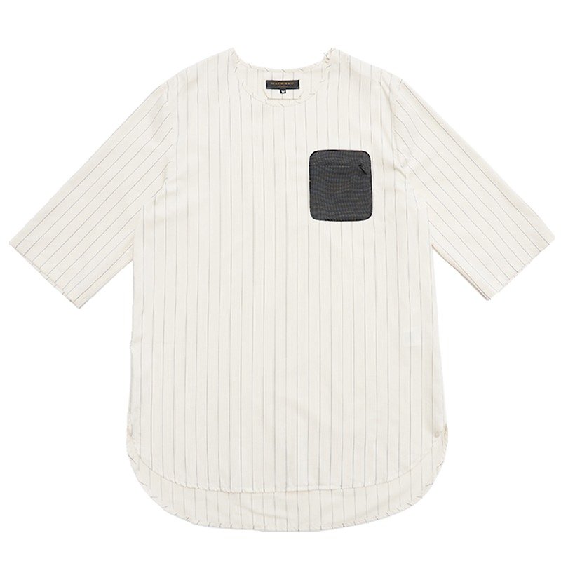 Vertical Stripe Smock T-shirt with Invisible Zipper - เสื้อยืดผู้ชาย - ผ้าฝ้าย/ผ้าลินิน ขาว