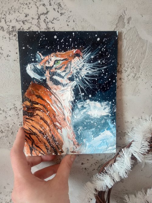 油絵。虎の絵。小さな絵の虎。オリジナルアート