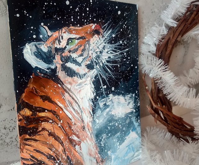 油絵。虎の絵。小さな絵の虎。オリジナルアート - ショップ AboutART 