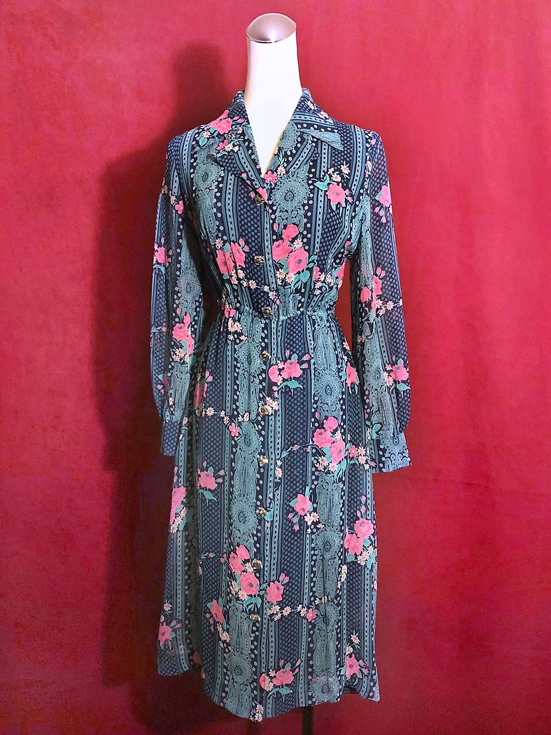 Flower long-sleeved vintage dress / brought back to VINTAGE abroad - ชุดเดรส - เส้นใยสังเคราะห์ หลากหลายสี