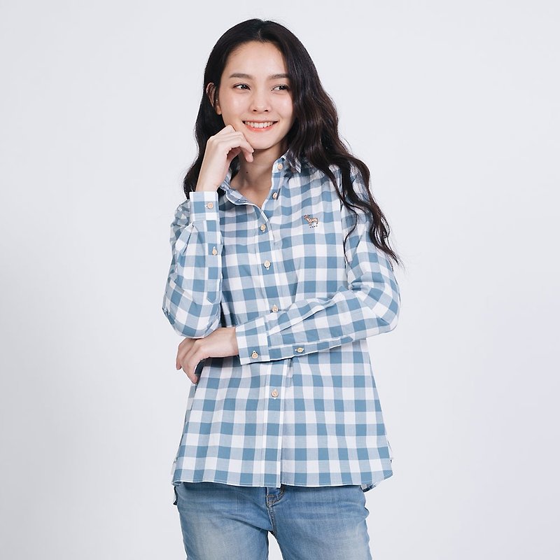 (SIZE S) REINDEER // teal check // women long sleeves - 女襯衫 - 棉．麻 綠色
