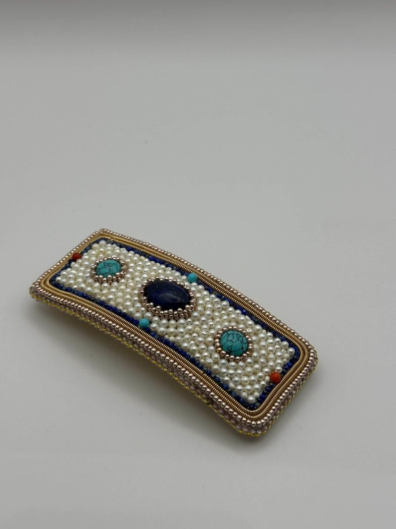 手編み 淡水パール ヘアクリップ 大ぶり ラピスラズリ ターコイズ サンゴ - ヘアアクセサリー - 半貴石 