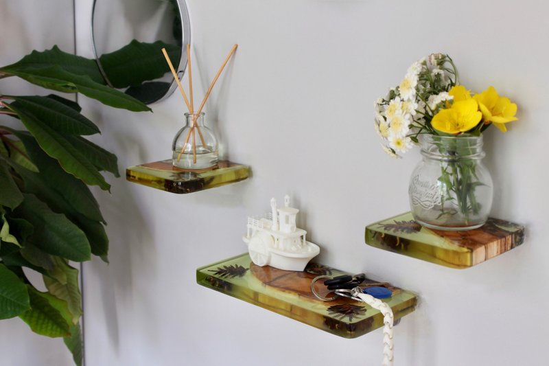 Floating wall shelves, small hanging plant shelves. Y2k room decor aesthetic. - ชั้นวาง/ตะกร้า - ไม้ สีเขียว