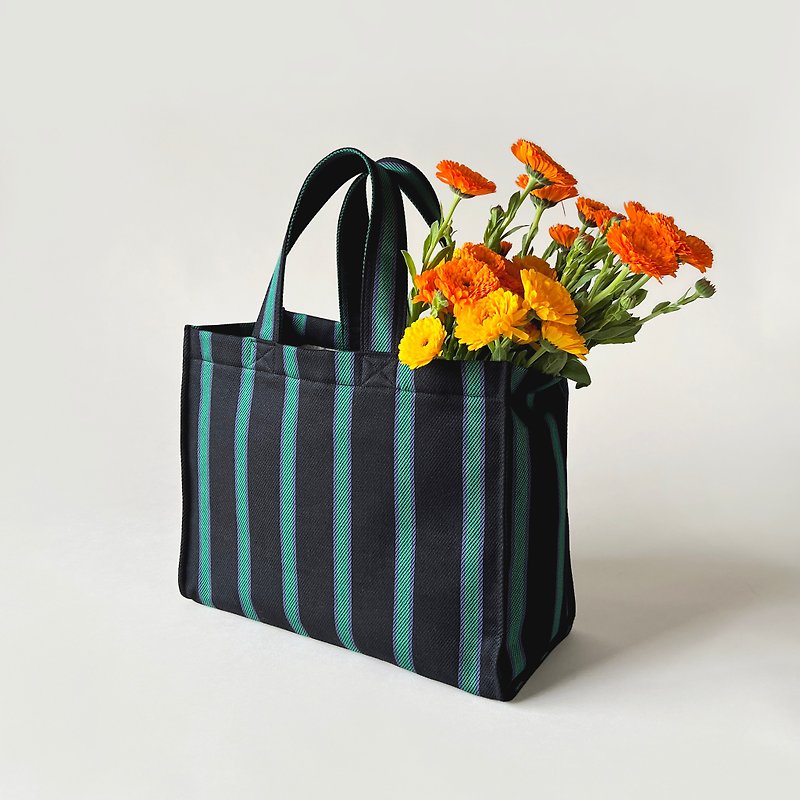 Contrast Stripe Tote Bag - กระเป๋าถือ - ผ้าฝ้าย/ผ้าลินิน สีดำ
