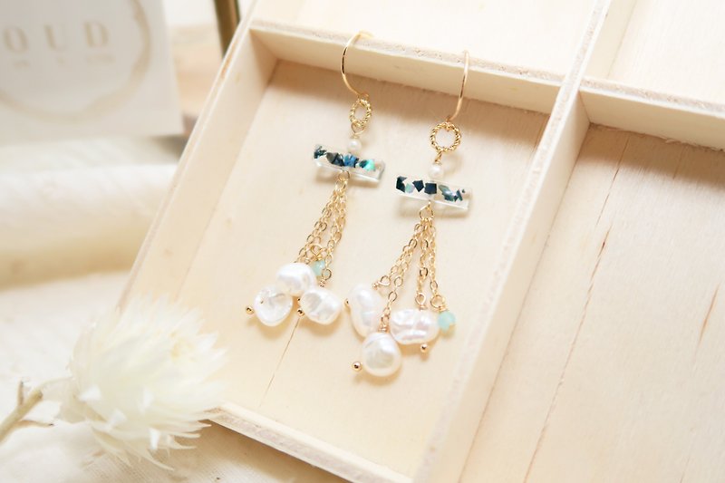 Original Handmade/Baroque Pearls/Abalone Shell/Amazonite /14K Earring/Clip-on - Earrings & Clip-ons - Pearl White