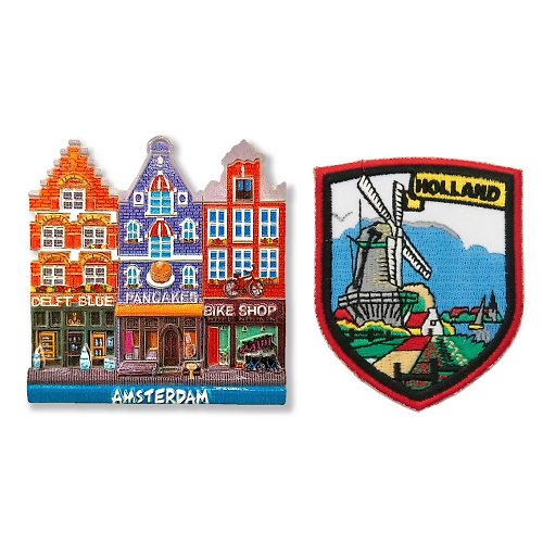 A-ONE 荷蘭彩色房屋造型立體磁鐵+風車外套貼布【2件組】吸鐵紀念品 補