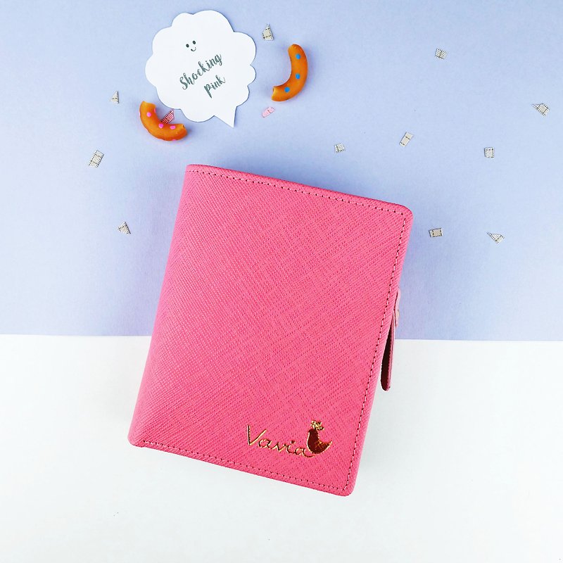 " Shocking Pink " Pocket Book Short Wallet / Cow Leather 錢包- 皮革-財布 - Wallets - Genuine Leather Pink