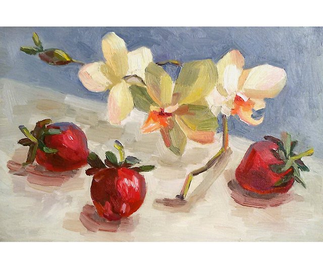 いちごの絵画、果実の元の芸術、フルーツの壁の芸術、小さい油絵 