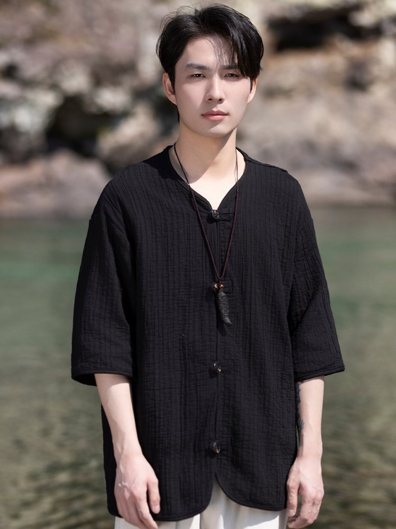 新中式復古 亞麻短袖襯衫 襯衣唐裝 - 男裝恤衫 - 其他材質 黑色