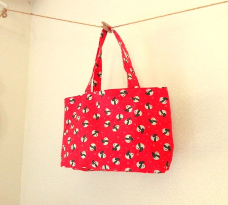 パンダのプチ手提げレッド - トートバッグ・ハンドバッグ - コットン・麻 