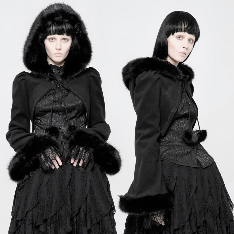 蘿莉塔仿兔毛連帽短外套 - 女大衣/外套 - 其他材質 黑色