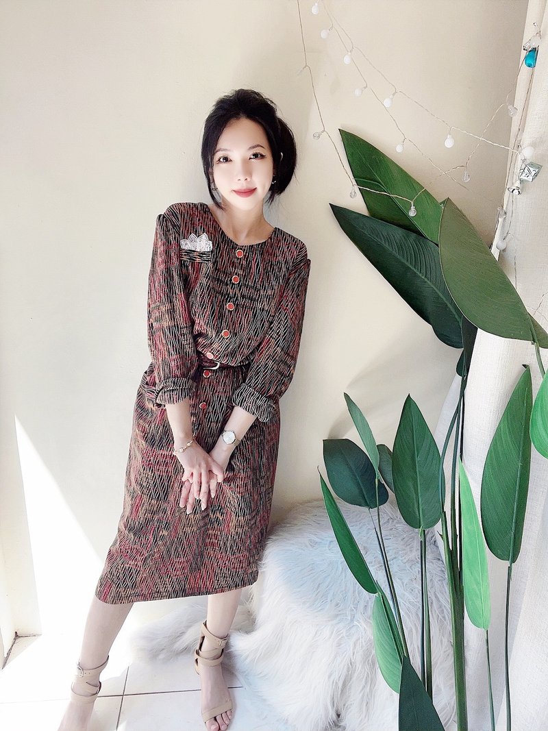 彩花圓領倒影水波紋 古著紡紗洋裝連衣裙連身裙 vintage dress - 洋裝/連身裙 - 聚酯纖維 多色